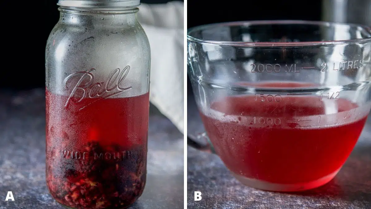 Left - a jar with blackberries and flavored vodka. Right - the berries strained out of the vodka