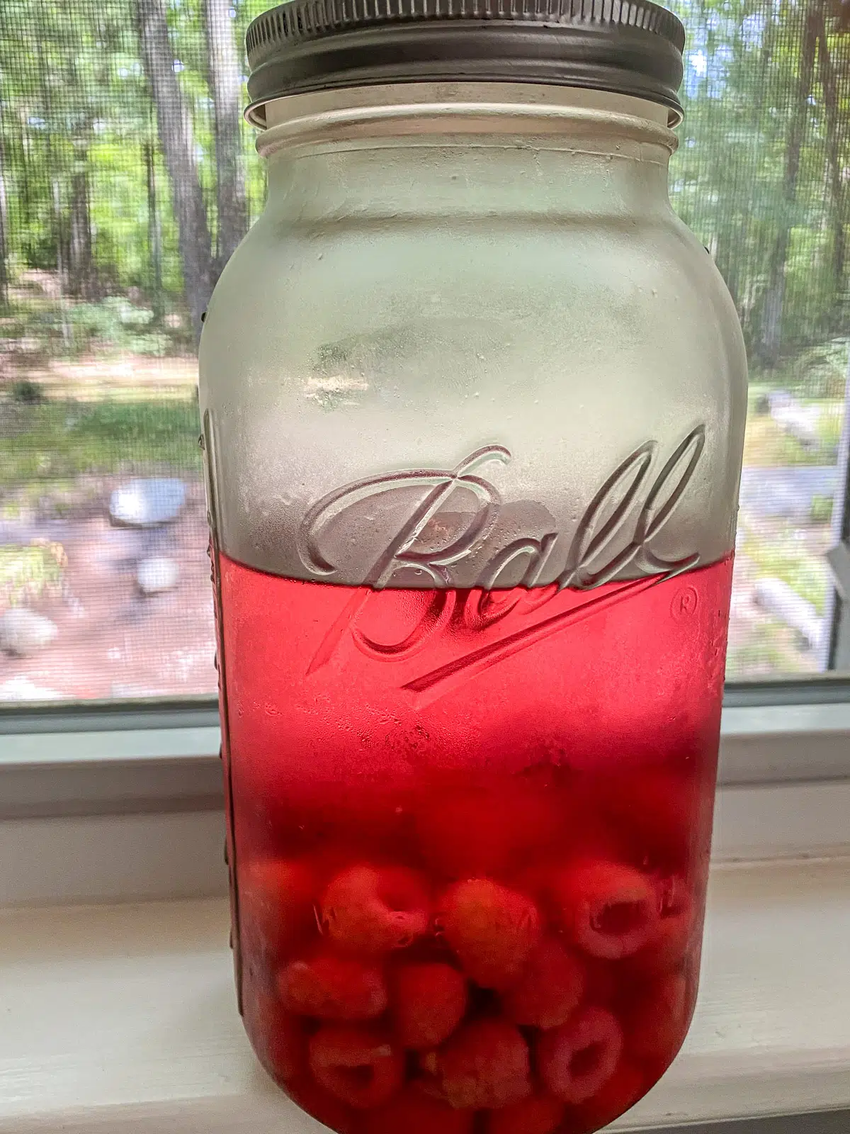 A jar with raspberries and vodka after 3 days of infusing