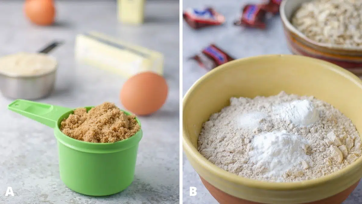 Left - sugar, eggs and butter. Right - flour, baking soda, salt, snickers and oatmeal