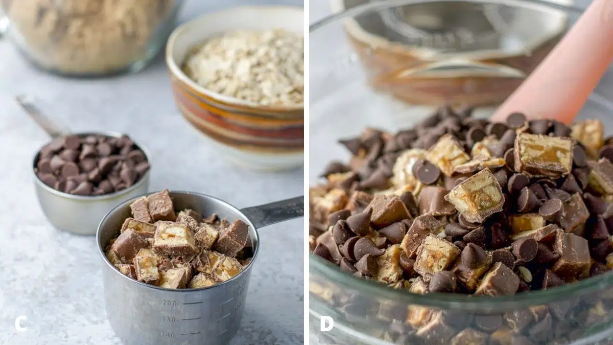 Left - snickers bar cut up, chocolate chips, rolled oats. Right - all the ingredients in the glass bowl