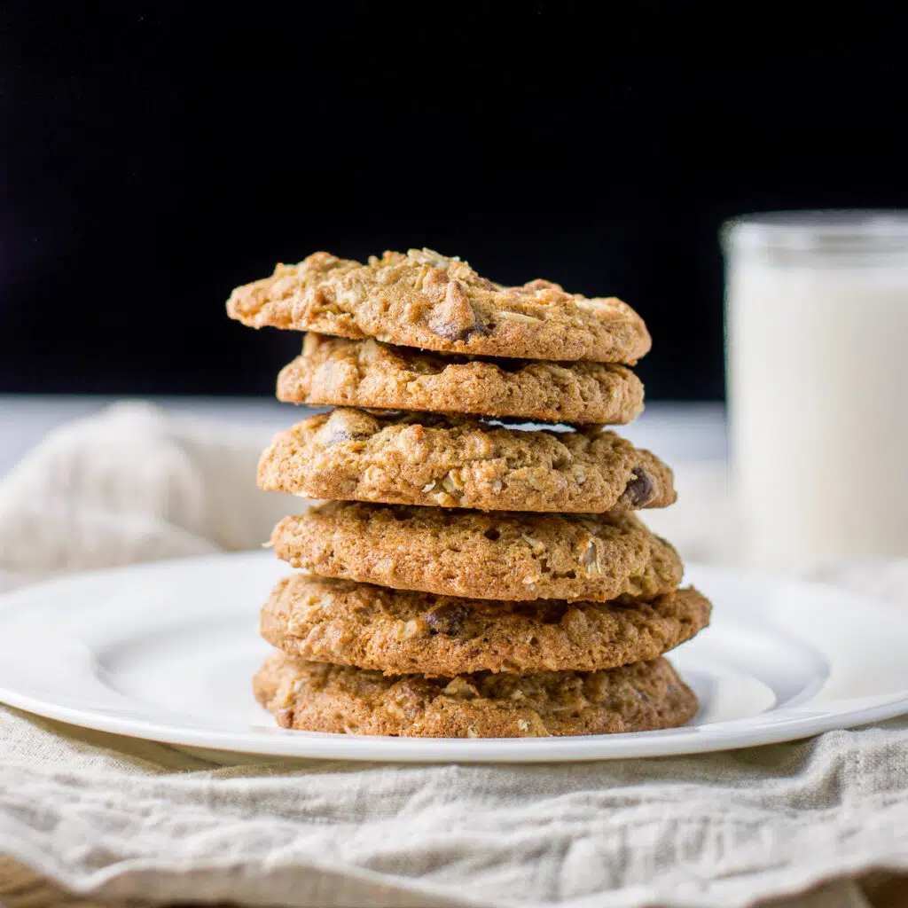 Vertical view of a white plate with 6 cookies stacked on it