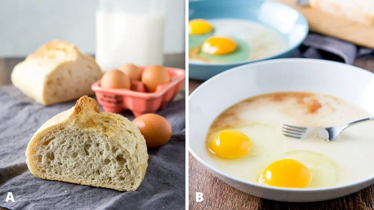 Left - bread, eggs and milk on a napkin. Right - two shallow bowls with eggs, milk and vanilla