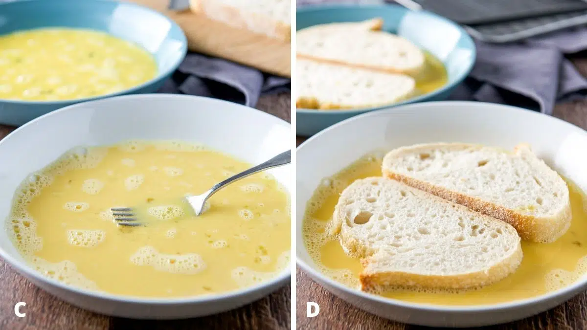 Left - egg mixture in the bowls. Right - sliced bread in the egg bowls