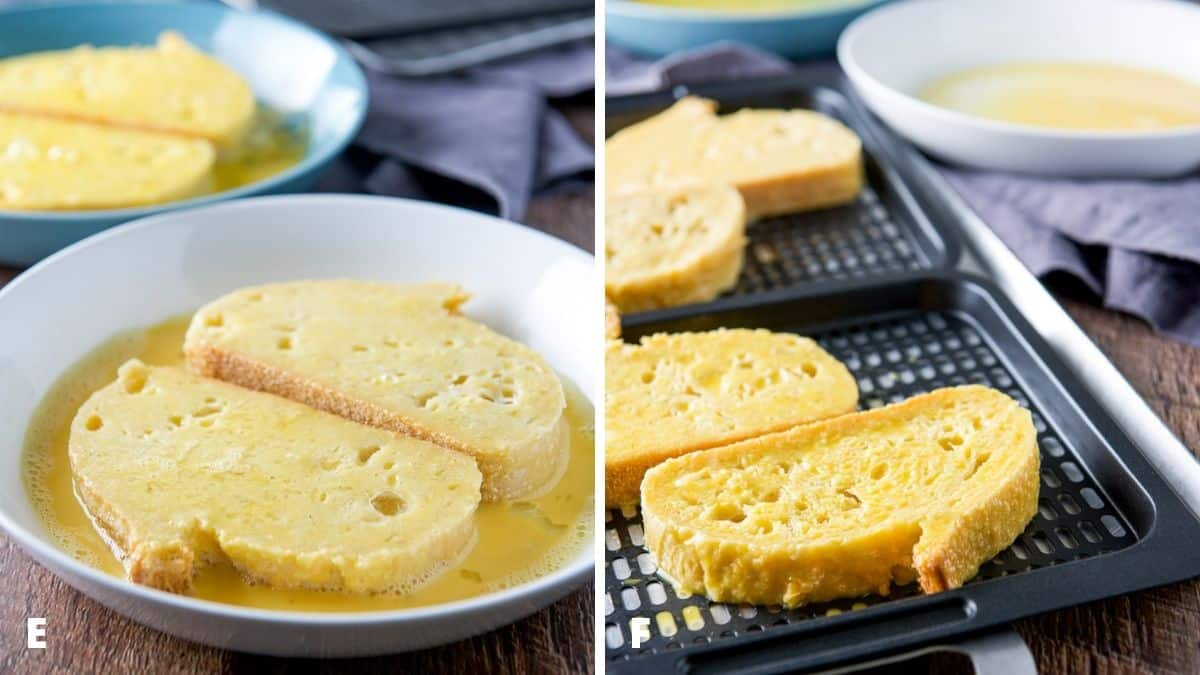 Left - bread flipped in the egg mixture so all slices are soaked. Right - the egged bread on the air fryer trays