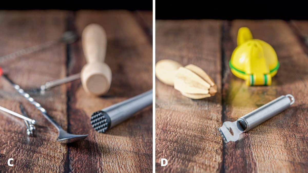 Left - cocktail spoons, martini picks, and muddlers. Right - channeling knife and citrus reamer and squeezer