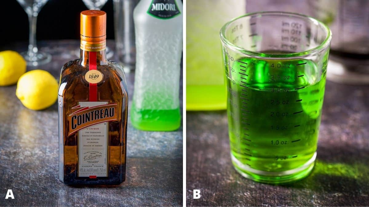 Left - cointreau, midori, lemon and simple syrup. Right - midori measured out