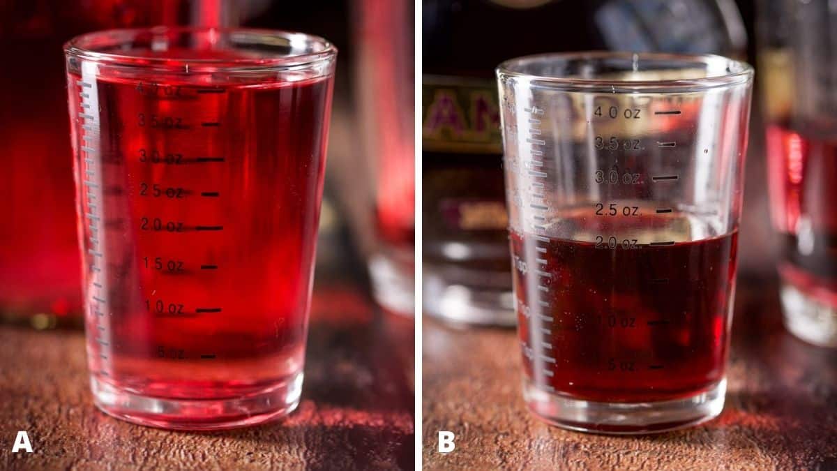 Raspberry vodka and chambord measured out