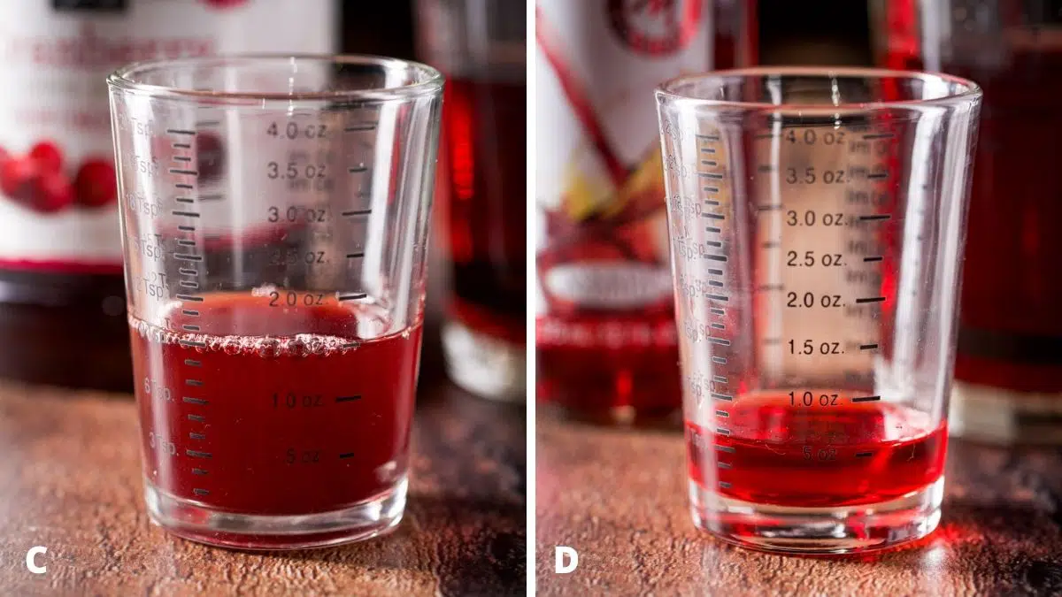 Cranberry juice and grenadine measured out