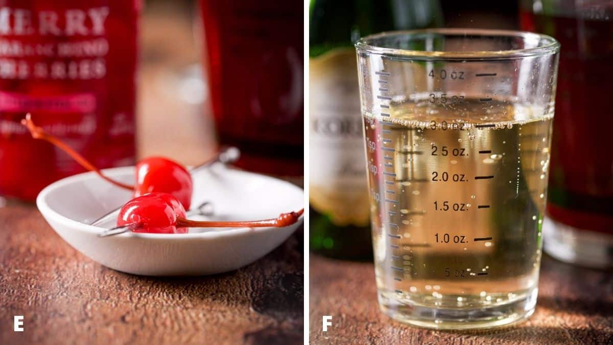 Tw red cherries in a white plate and champagne measured out