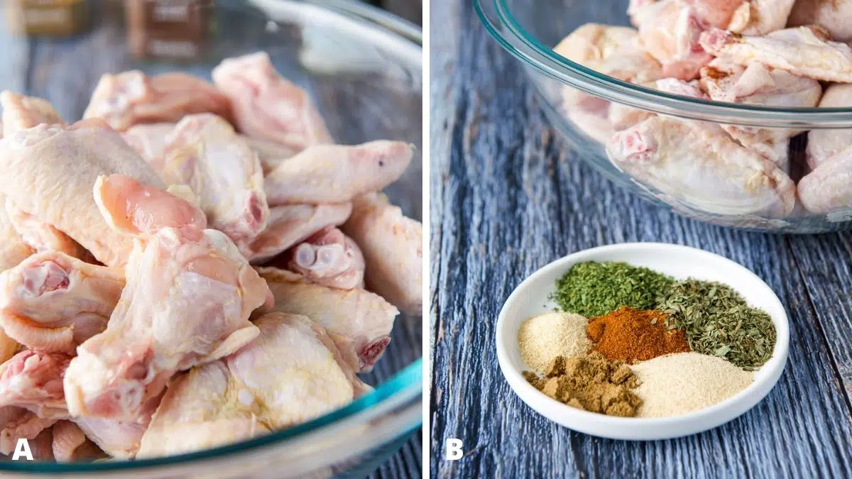Left - raw chicken wings in a glass bowl. Right - herbs and spices in a white dish in front of chicken wings in a bowl