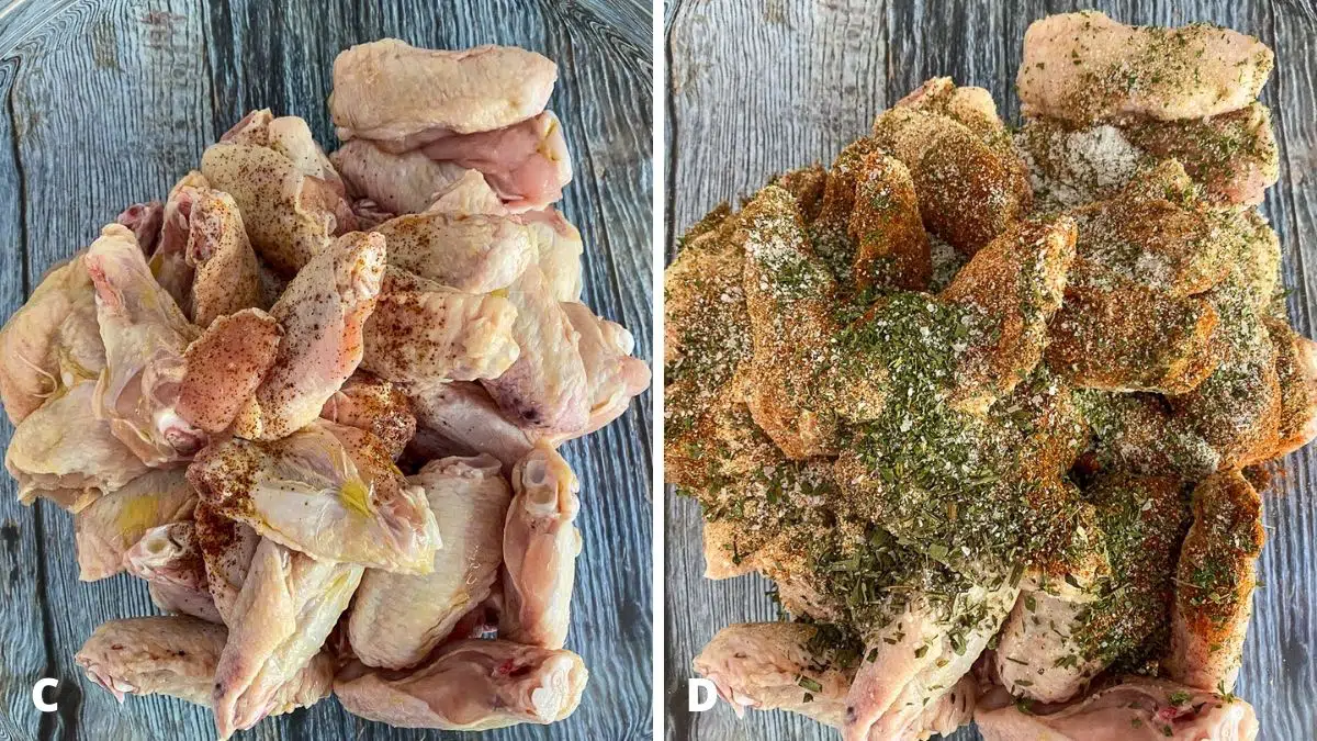 Left - chipotle powder and olive oil on chicken wings. Right - the herbs and spices on the chicken wings