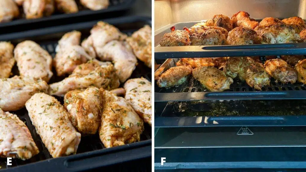 Left - trays with the herbed chicken wings. Right - chicken wings in the air fryer