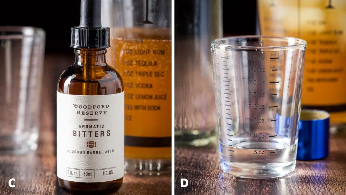 Aromatic bitters bottle and simple syrup measured out