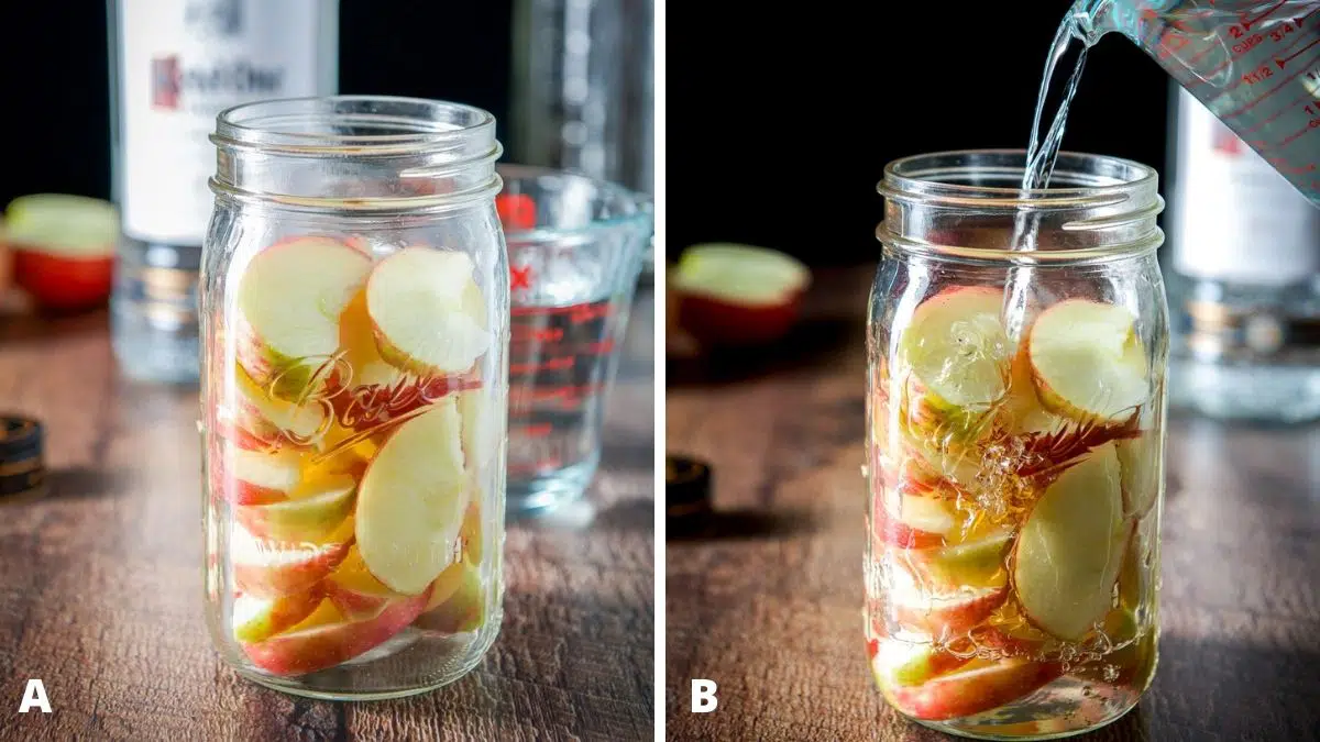 Left - cut up apple in a jar with vodka in back. Right- pouring vodka in the jar with the apples