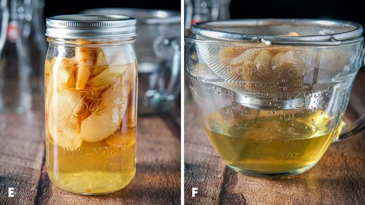 Left - the apples in the jar of vodka. Right - sieve with apples in it over the apple vodka in a bowl