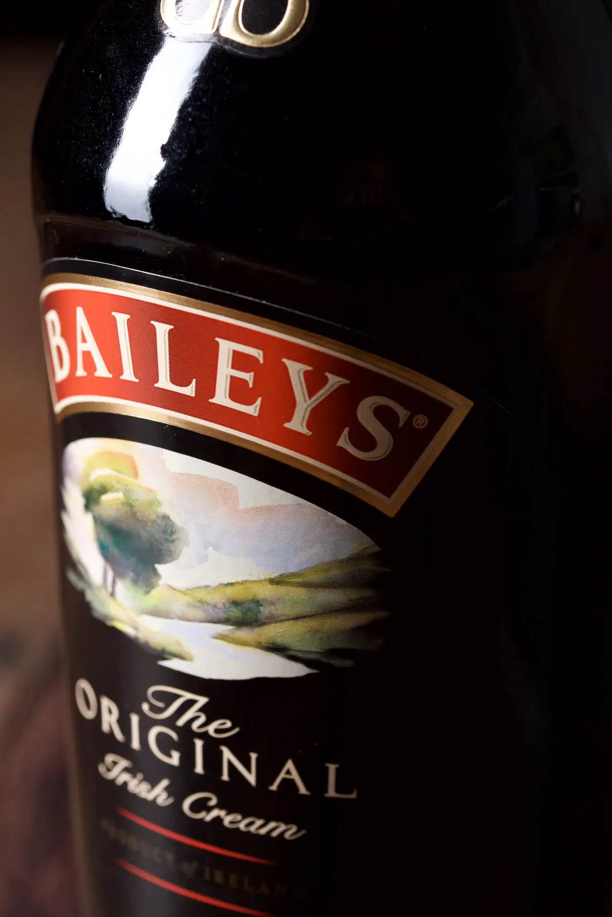 Close up of the Baileys Irish cream bottle