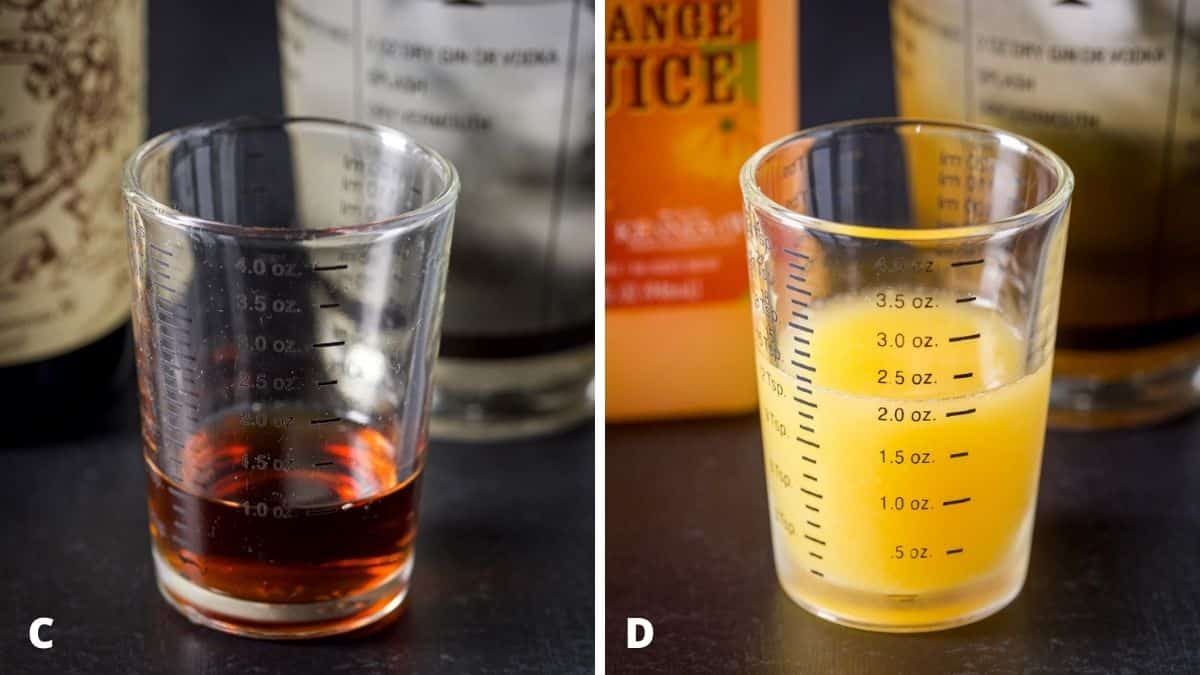 Sweet vermouth and orange juice measured out