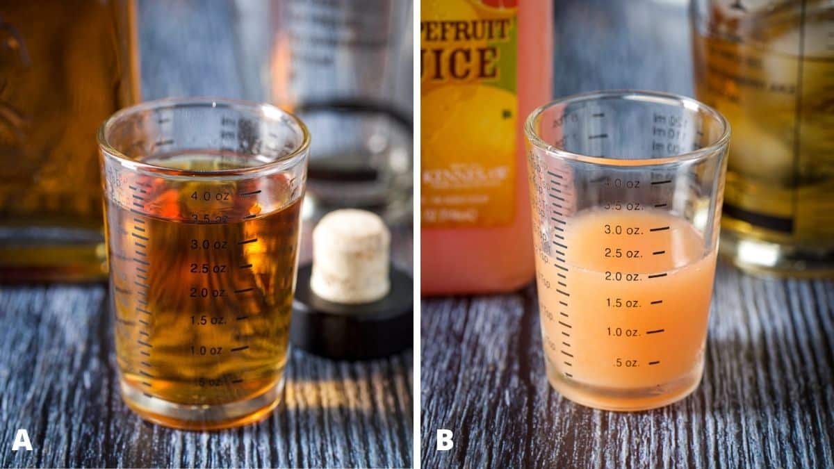 Bourbon and grapefruit juice measured out