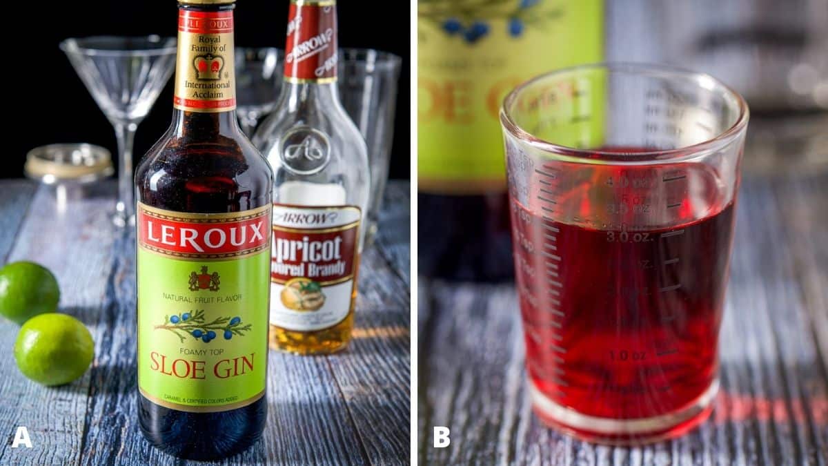 Left - sloe gin, apricot brandy and limes. Right - sloe gin measured out