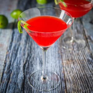 Classic martini glass filled with the Charlie Chaplin drink - square