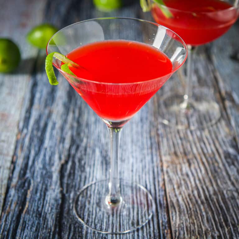 Classic martini glass filled with the Charlie Chaplin drink - square