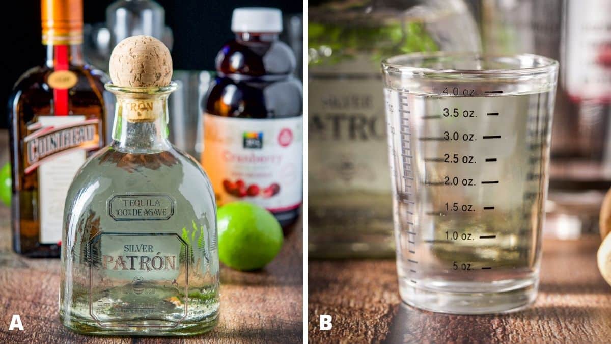 Left - tequila, lime, cointreau, cranberry juice and simple syrup. Right - tequila measured out