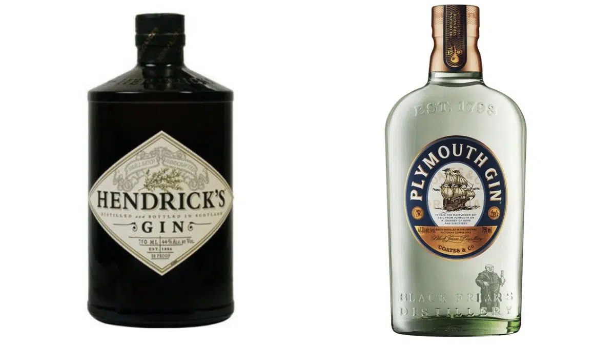 Hendrick's gin and Plymouth gin bottles