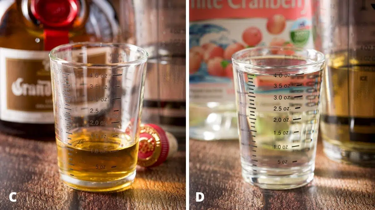 Grand Marnier and white cranberry juice measured out