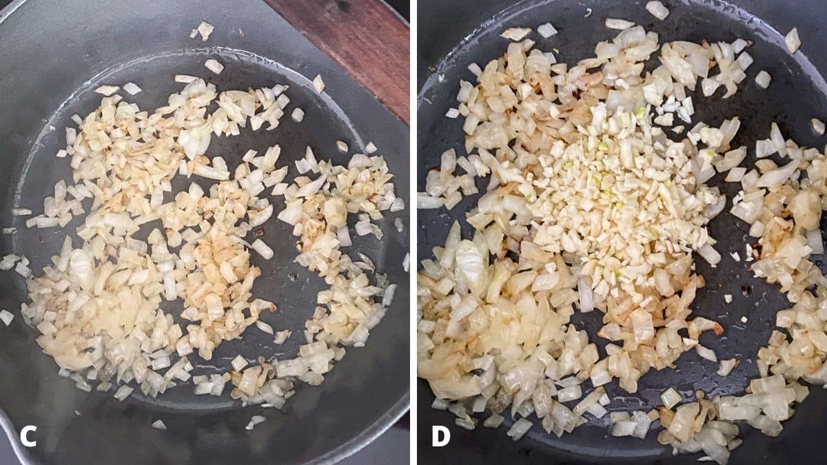 Left - sautéed onion. Right - garlic added to onion