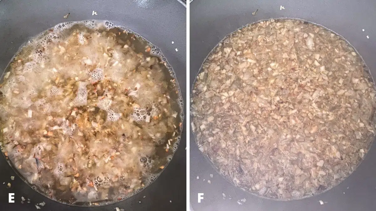 Left - added vodka to onion and garlic. Right - the vodka reduced