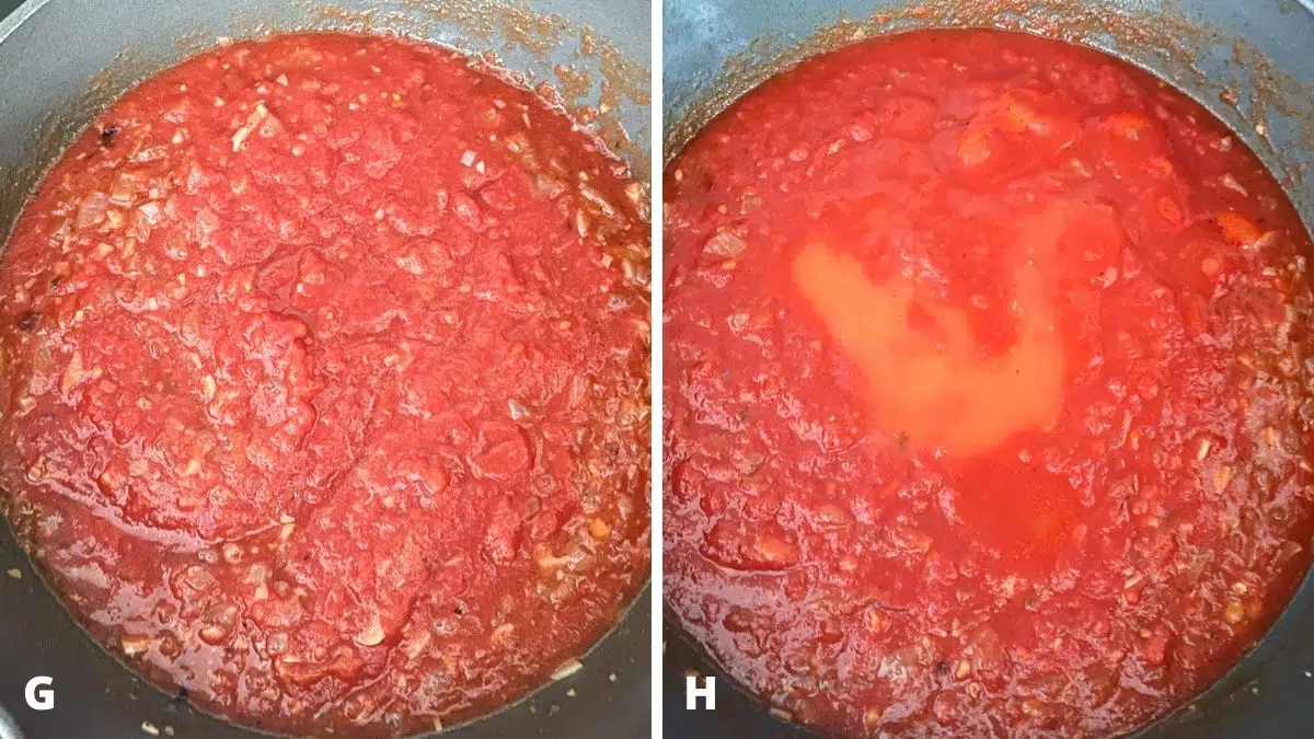 Left - crushed tomatoes added to onions. Right - chicken broth added to tomatoes