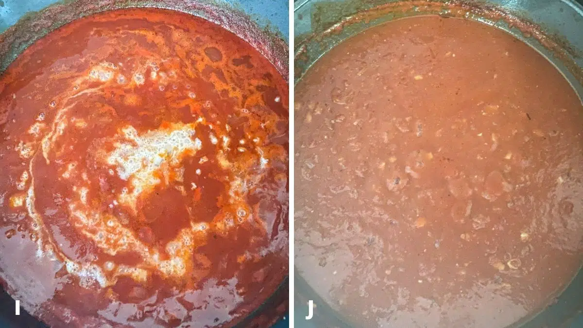 Left - coconut milk added to tomatoes. Right - sauce done and steaming
