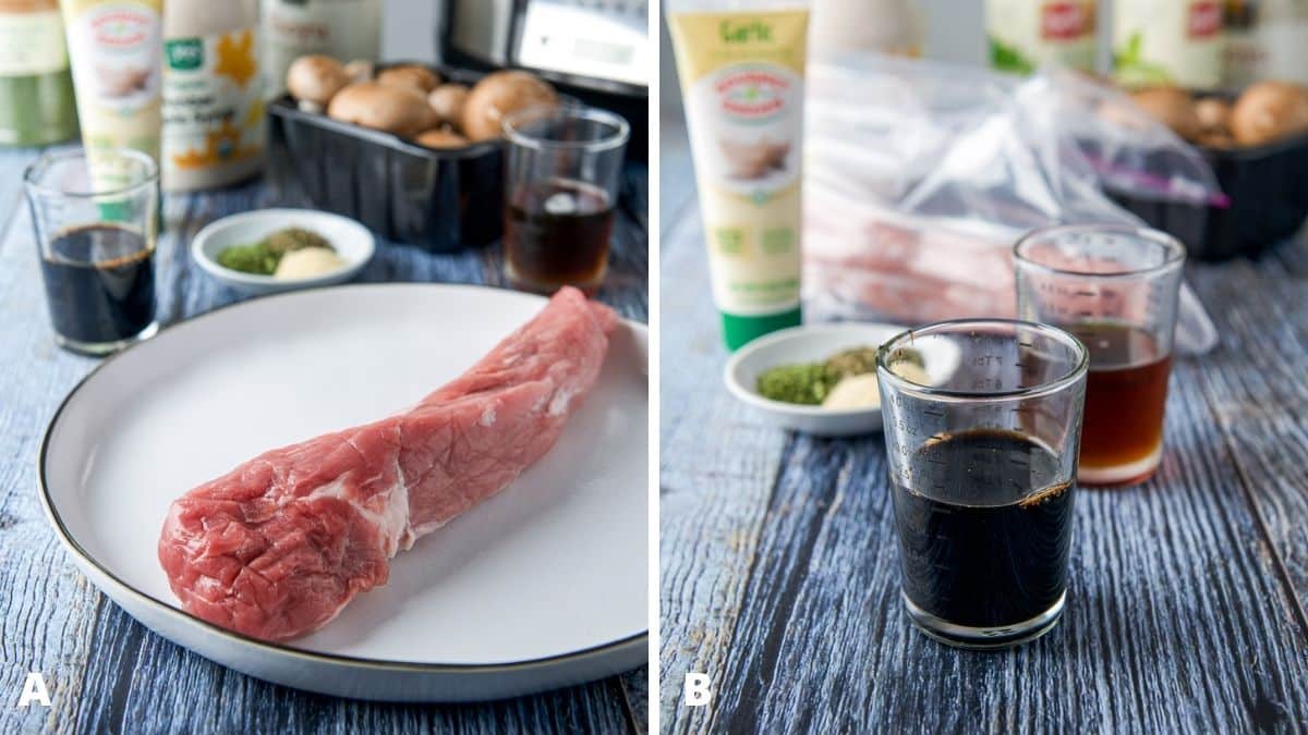 Left - plate with raw pork tenderloin. Right - soy sauce, maple syrup, herbs and garlic