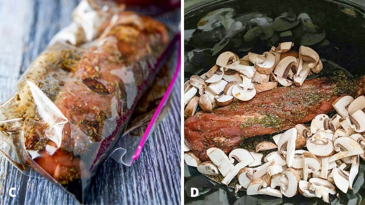 Left - a bag with the pork with marinade. Right - slow cooker container with the pork, marinade and mushrooms