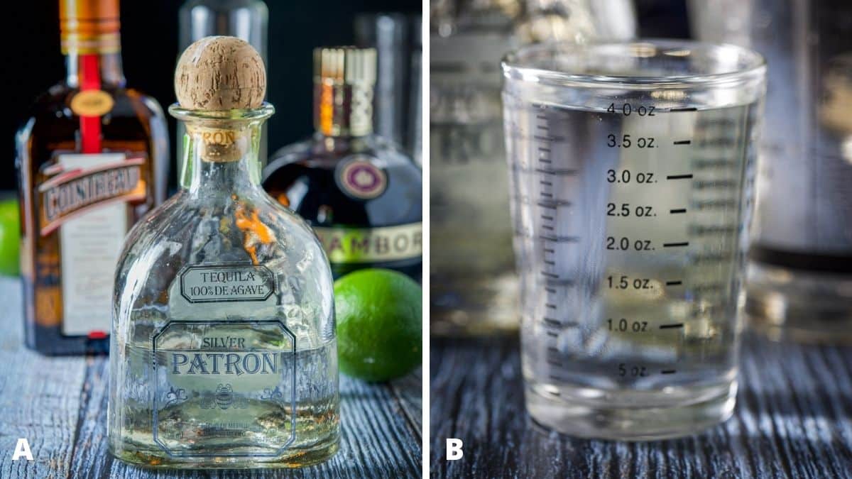 Left - tequila, cointreau, lime, chambord and simple syrup. Right - tequila measured out