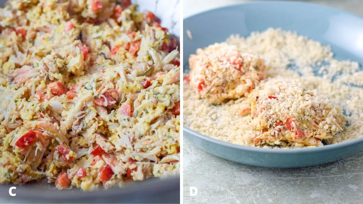 Left - the ingredients in a mixing bowl. Right - formed crab cakes in a bowl with some breadcrumbs