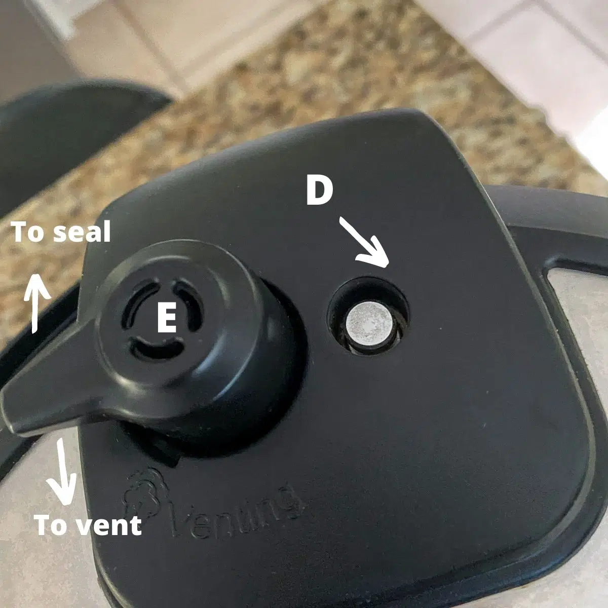 The top of an instant pot with the float valve and sealing knob depicted