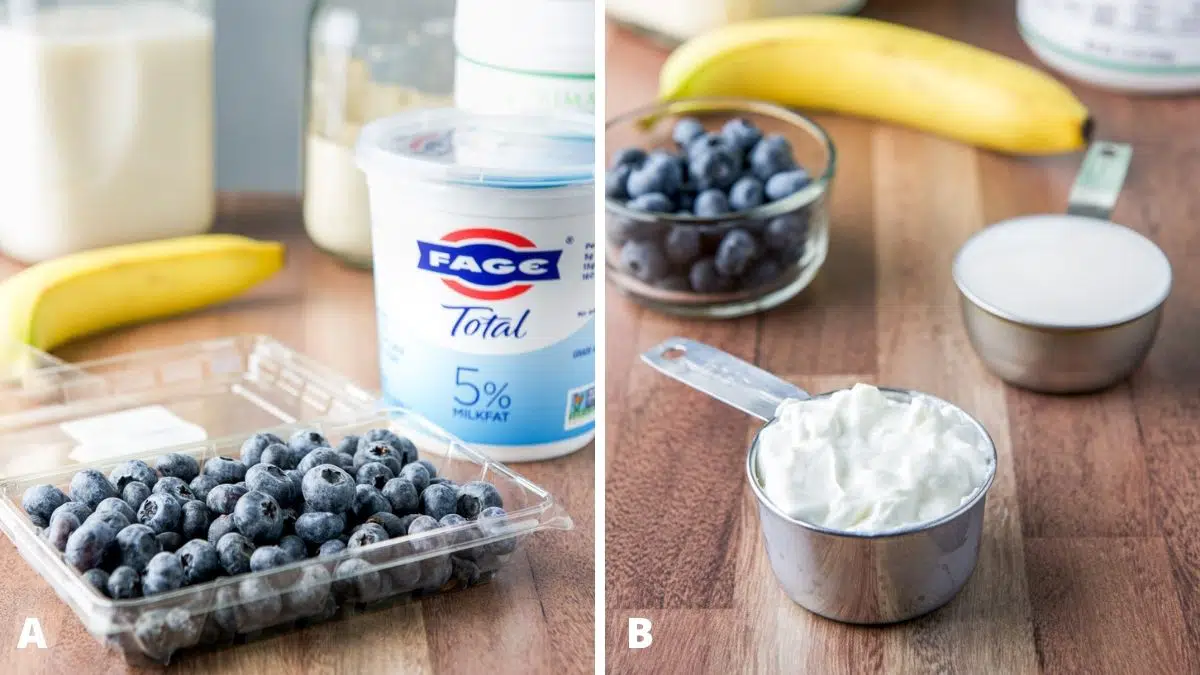 Left - blueberries in front of the other ingredients. Right - yogurt, milk and the rest of the ingredients