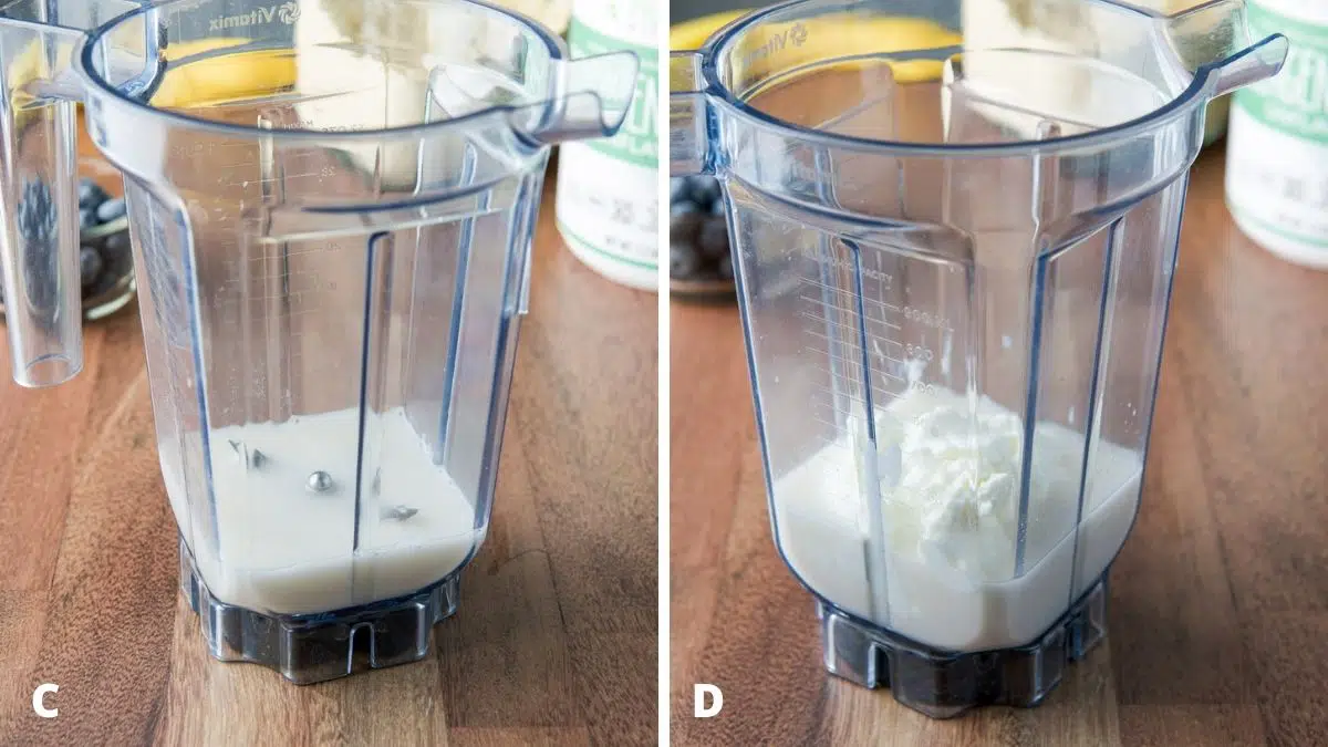 A blender container with milk and yogurt