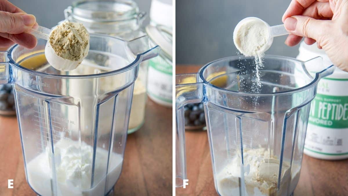 A hand with protein powder and collagen held over the blender container