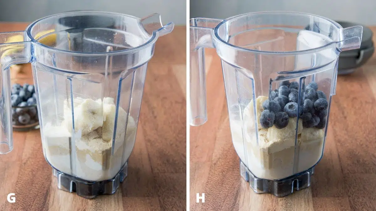 Frozen banana and blueberries added to the blender container
