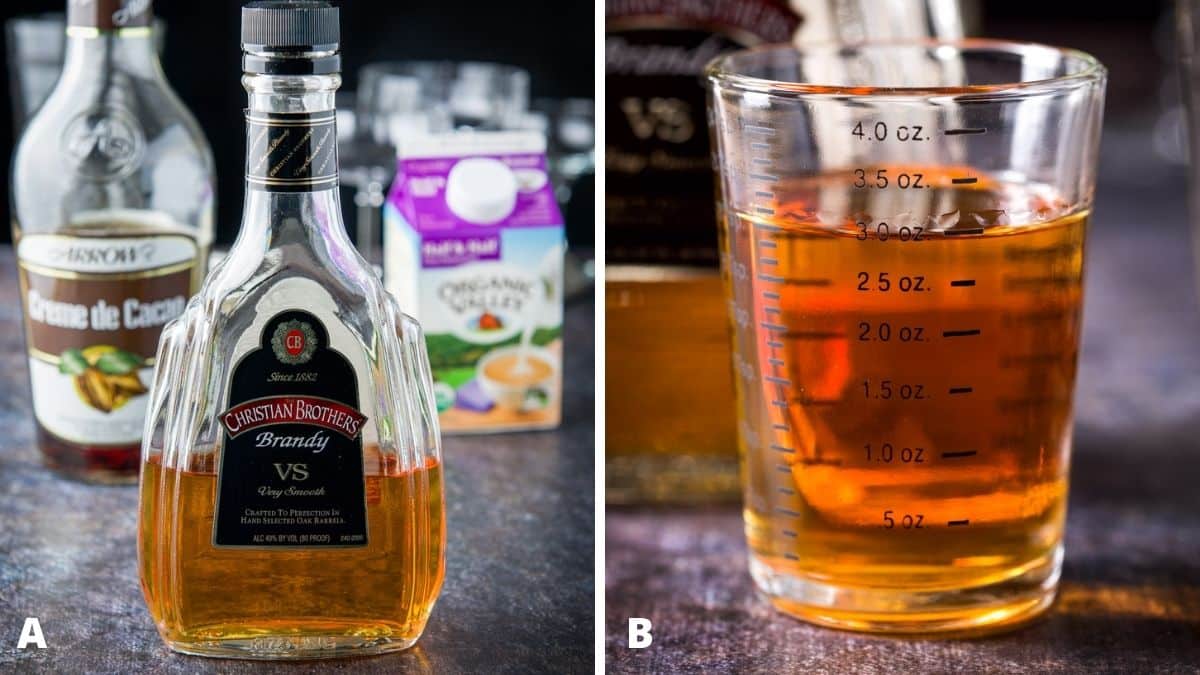 Right - brandy, creme de cacao, half & half. Right - brandy measured out