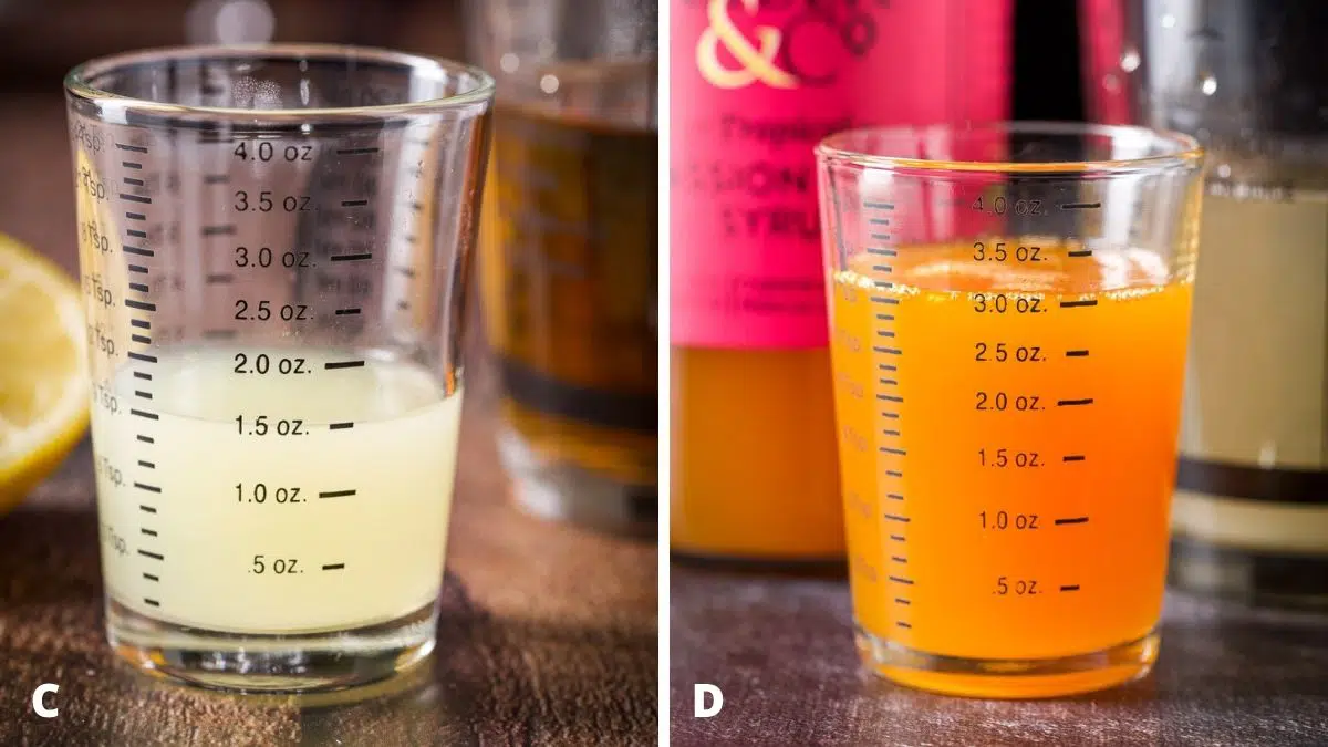 Lime juice and passion fruit syrup measured out