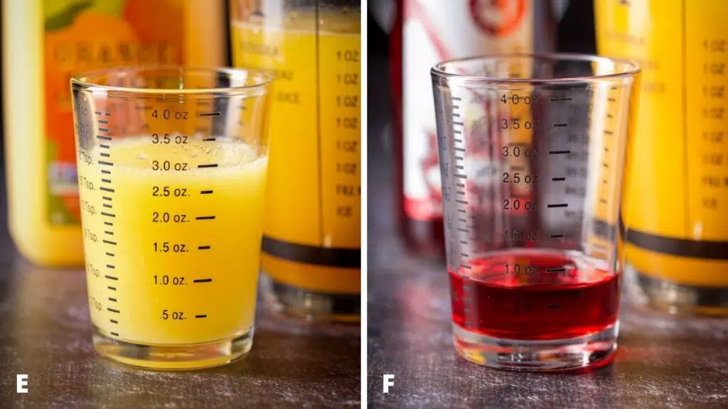 Orange juice and grenadine measured out