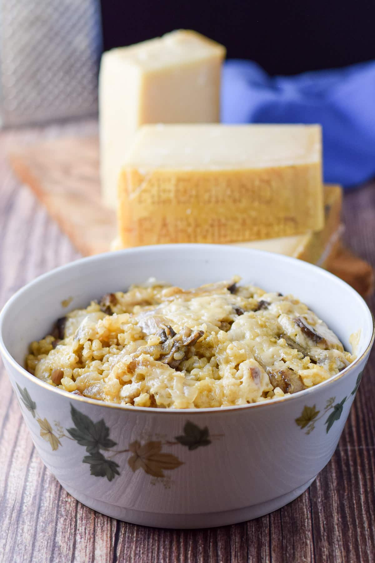 A round bowl with rice with mushrooms and cheese