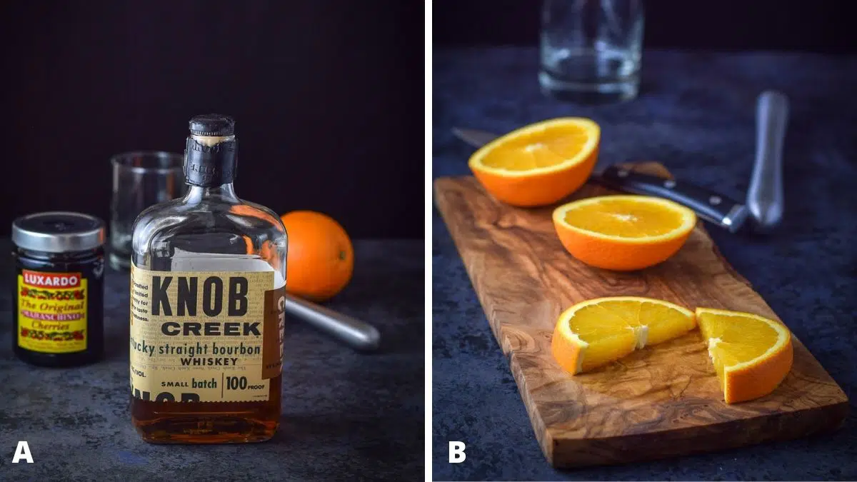 Left - bourbon, muddler, cherry and orange. Right - oranges sliced on a wooden board