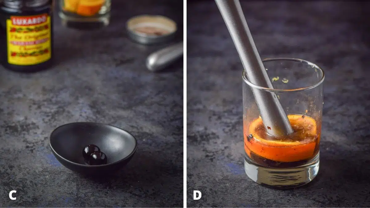 Left - cherries on a small black plate with the rest of the ingredients in the back. Right - a glass with orange slices, cherries and muddler