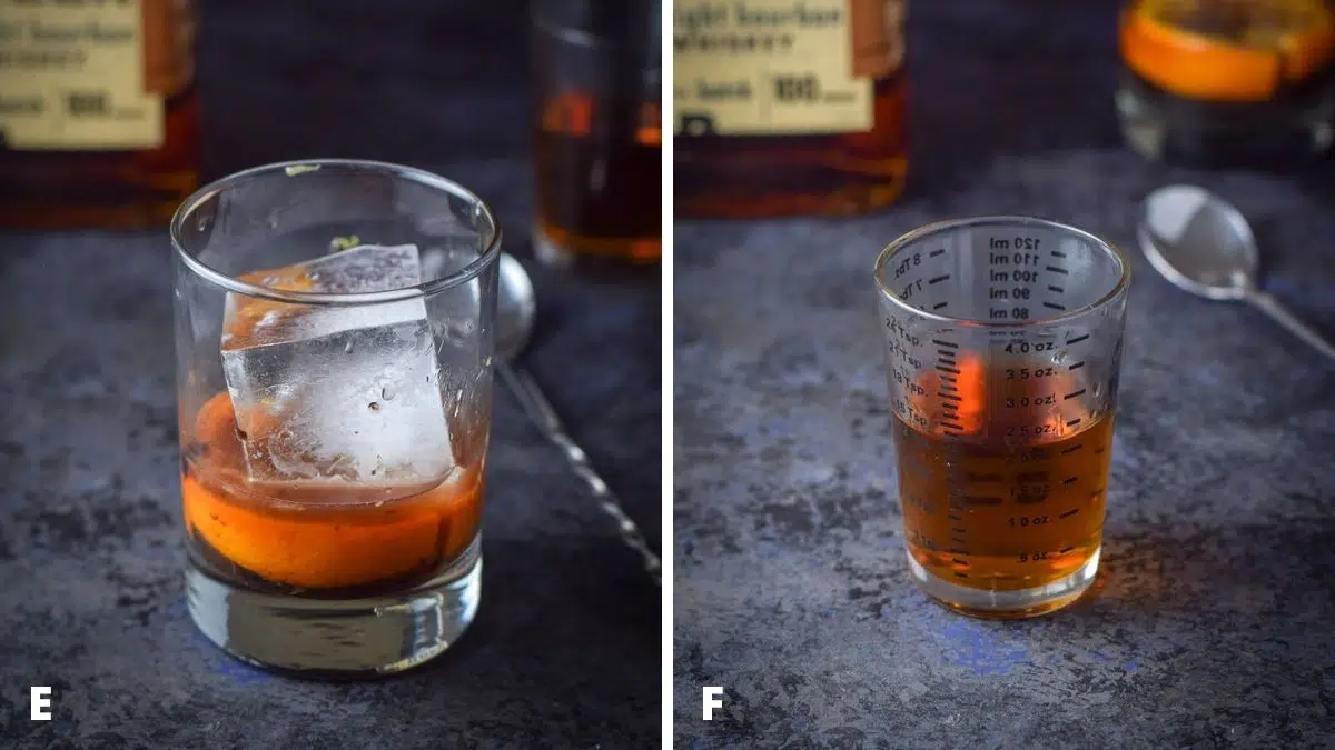 Left - ice added to the glass with muddled fruit. Right - bourbon measured out with the bottle and glass in the background