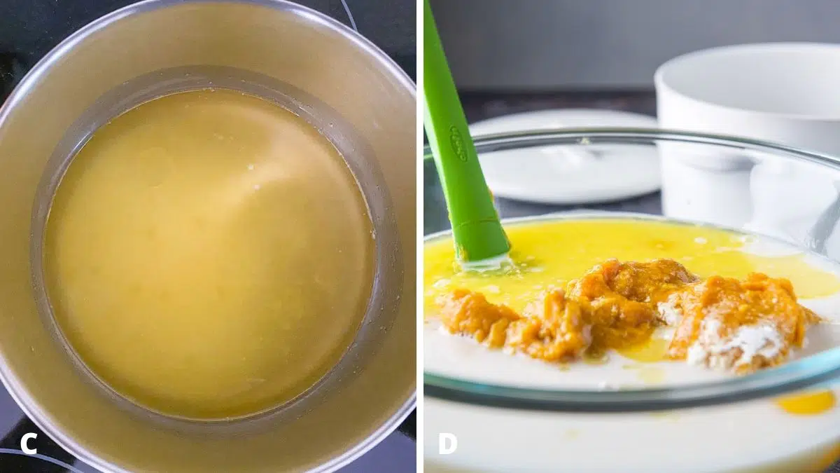 Left - melted butter in a pan. Right - all the ingredients in a glass bowl with a spatula in it