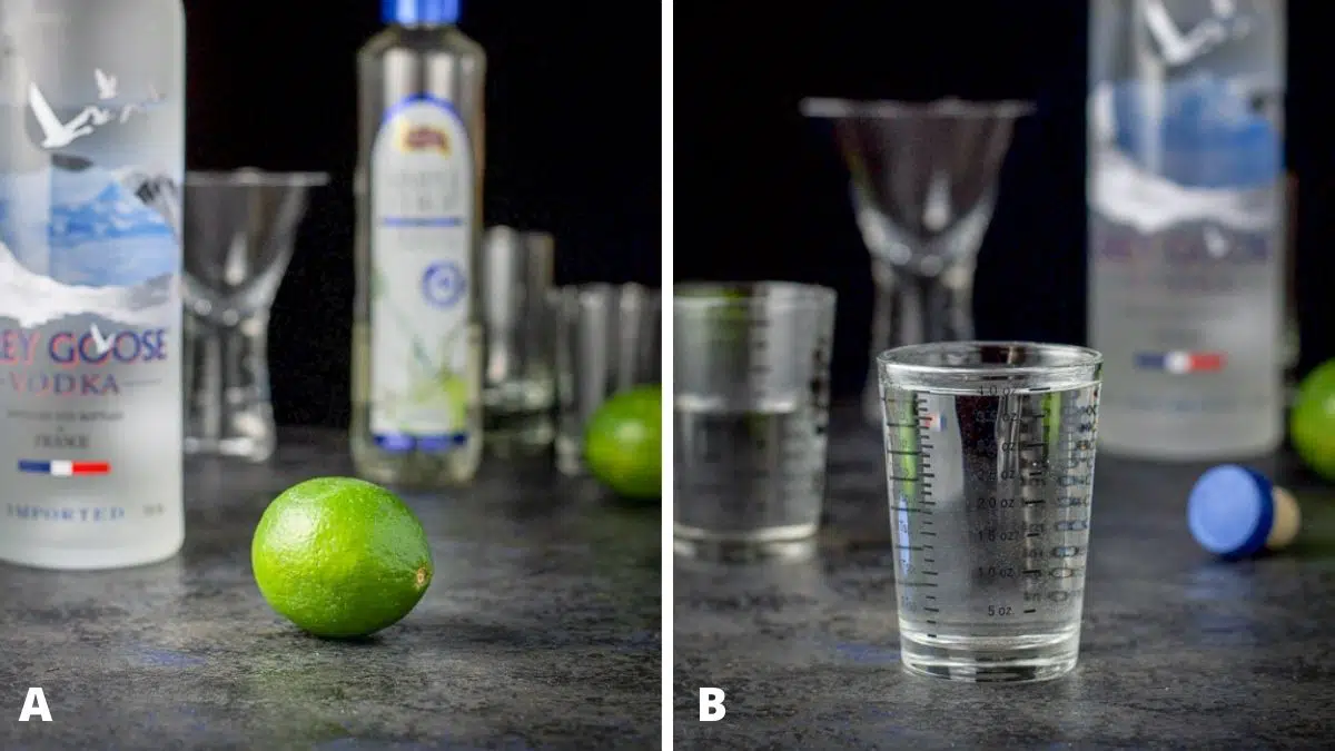 Left - limes, vodka and simple syrup on the table. Right - vodka measured out
